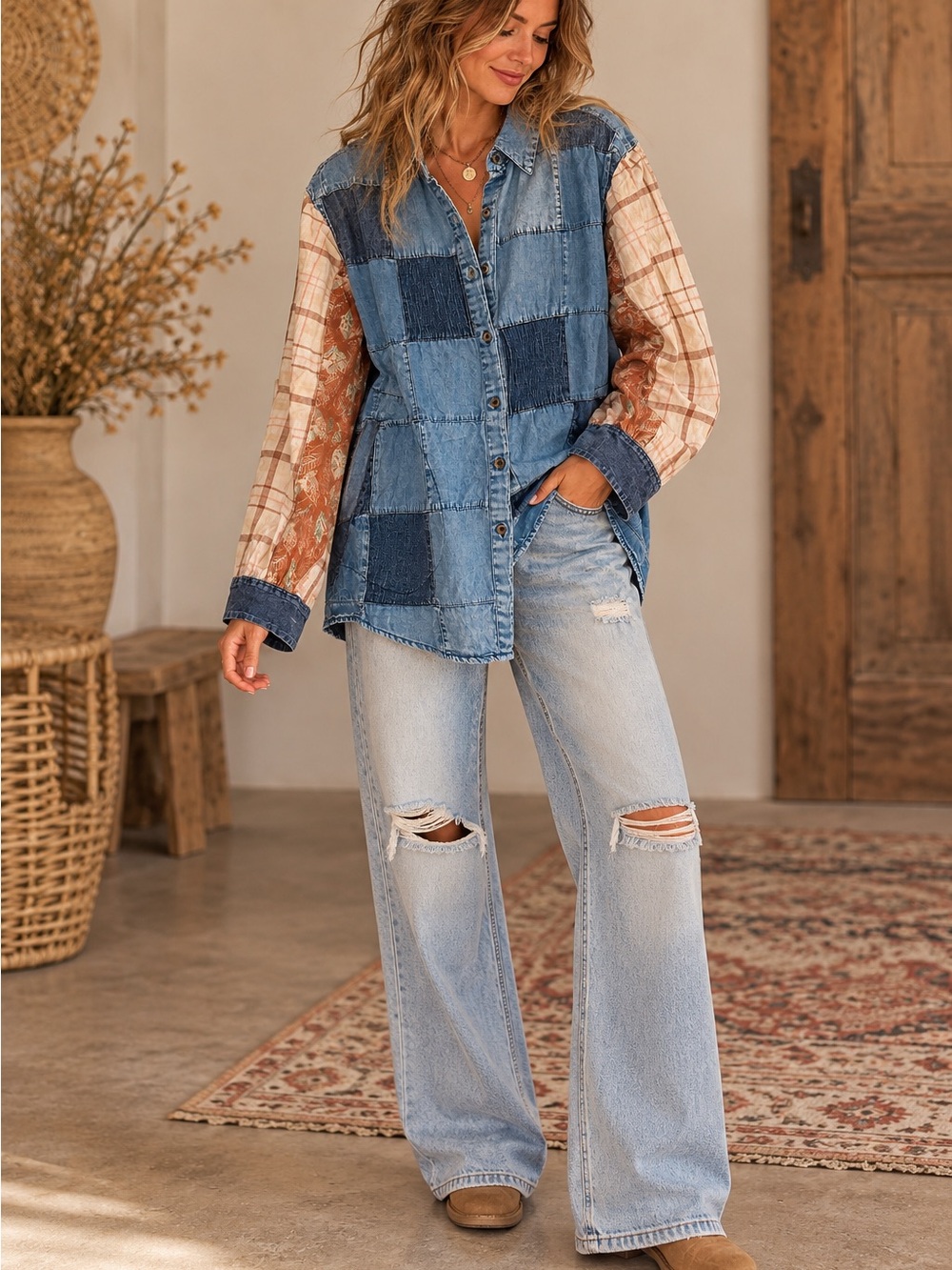 Young Threads Patchwork Denim Button Up Top NWT Size M